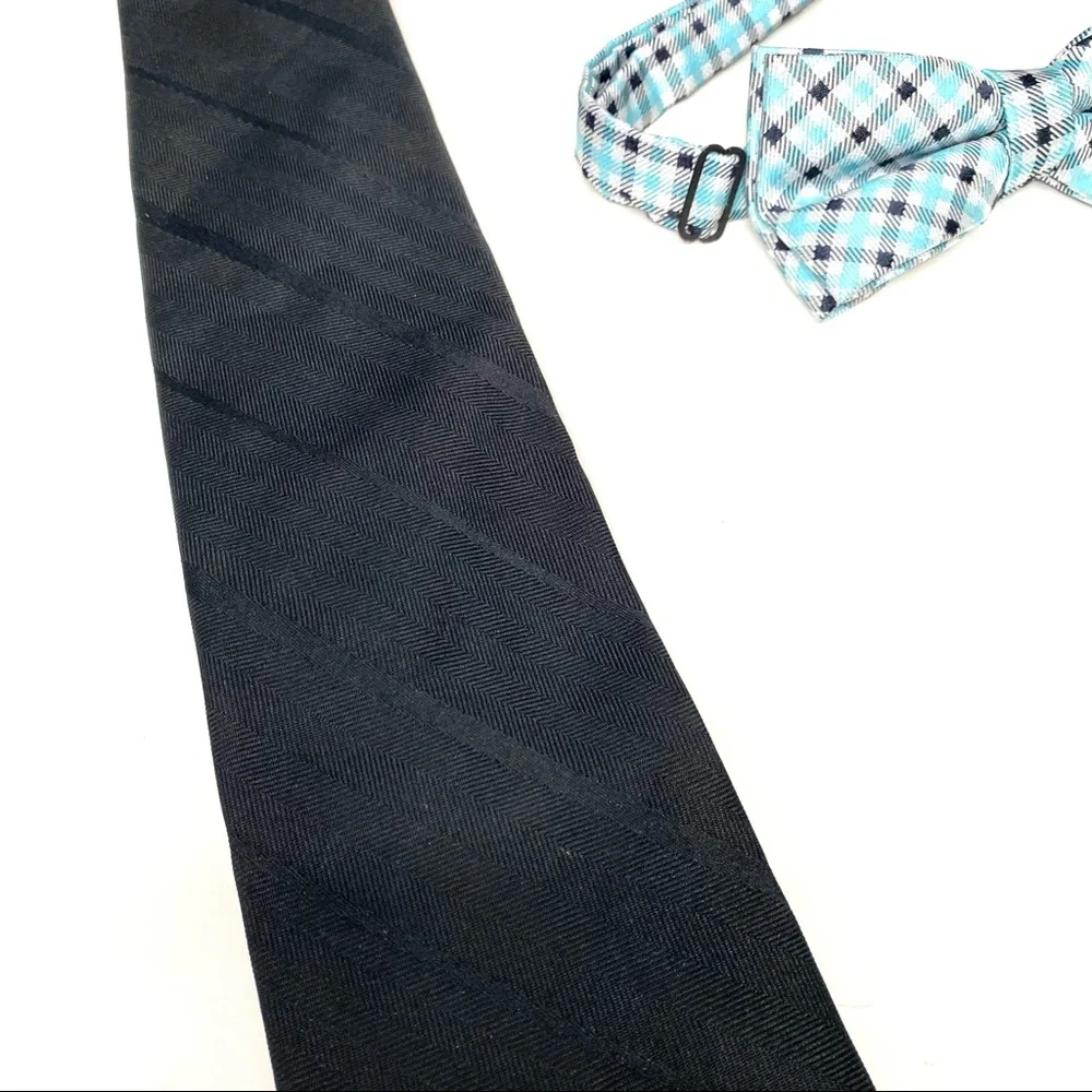 Ketch 2 Boys Black Tie Clip On - Black/ Blue Check Bow Tie - Great Condition